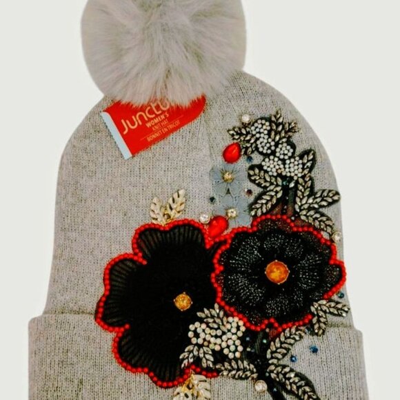 Cozy Grey & Black Floral Embellished Crystal Rhinestone Junk Pom-pom Beanie Hat - Picture 2 of 5